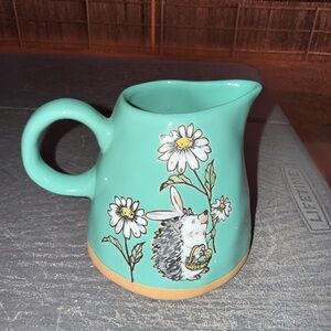 Hand-Painted Turquoise Ceramic creamer with Daisy & Hedgehog Design